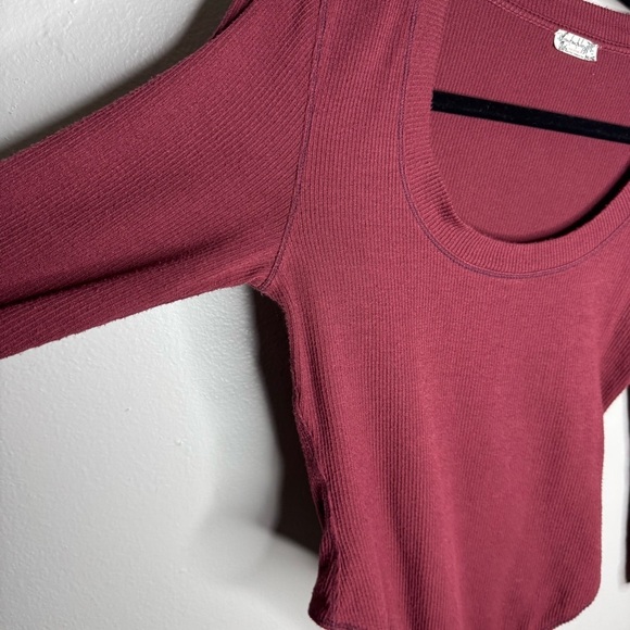 Intimately Free People Thong Bodysuit Long Sleeve Scoop Neck Ribbed Wine Red - Picture 2 of 9